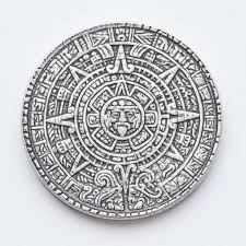 The Sun and Moon Worry Coin - Aztec Sun Stone Calendar and Moon in Fin