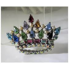 Vintage B. David Crown Pin WIth a Variety of Crystals and Faux Pearls. For Sale at Ruby Lane