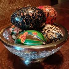 Vintage Wood Painted Eggs for Easter and Crackled Glass and Silver Plated Bowl Paradigm India - Etsy Canada