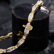 Baguette & Round Diamond Line Bracelet 14K Yellow Gold