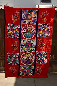 Vintage Red Quilted Embroidered Throw or Wall Hanging, Frogs ...