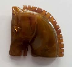 1940s Green and Yellow Marbled Bakelite Horse Head Brooch
