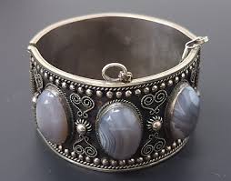 Vintage Sterling Silver Oriental Blue Agate Wide Bangle ...