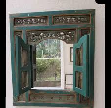 Hand Carved Mahogany Window in Blue Green - Etsy