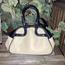 Bags | Vintage Classic Cream White And Black Leather Small Handle Bag | Poshmark