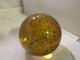 Amber Bubbles Round Crystal Ball Paperweight Vintage 4 ins ...