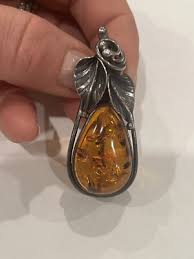 Pendant Necklace Pin Brooch Amber Stone Sterling Silver 925 Vtg Leaf Design | eBay