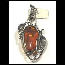 Vintage Art Nouveau Sterling Silver Baltic Amber Brooch. For Sale at Ruby Lane