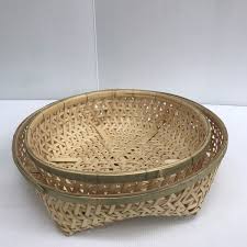 Vintage Thai Handicraft Wicker Round Shape Set of 2 Bamboo Basket Storage | eBay Australia