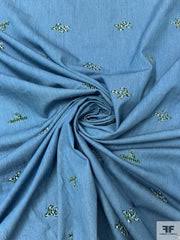 Cactus Embroidered Cotton-Poly Chambray - Light Denim Blue/Green/White | FABRICS & FABRICS – Fabrics & Fabrics