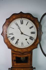 Antique Anglo American Drop Dial Marquetry Inlaid Walnut Scrolled Wall Clock 33"