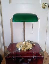 Vintage Brass Bankers Lamp Emerald Green Glass Pull String ...