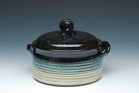 Lidded Pottery Casserole Dish With Twisted Strap Handle ...