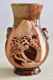 Vintage Banko Ware Vase Japanese Red Clay Carved Landscape ...