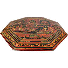 Vintage Burmese Lacquer Table Top Court Scene Burma
