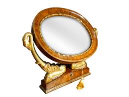 Antique Italian Empire Walnut Psyche Table Mirror with Gold Gilt Swans and Ebony Inlay — Bellini's Antique Italia