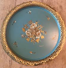 Vintage Nashco Toleware Blue w/Gold Round Metal Serving Tray Floral ~15" Diam. | eBay