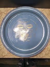 Enamelware BIG Tray Gold Gilt Floral Blue Red Trim Engraved 15.75" Round Enamel | eBay