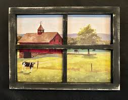 Window Framed Primitive Print of Barn with Cow 12.5"x9.5" Handmade Black Frame | eBay