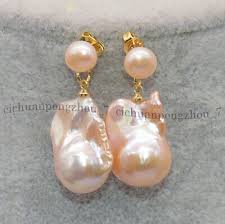 Genuine Natural Pink Freshwater Keshi Baroque Double Pearl Dangle Stud Earrings | eBay