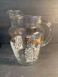 9" Glass Pitcher White Fruit Basket Gold Leaves Lip 64 OZ ...