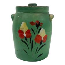 Antique Green Hand-Painted Floral Motif Lidded Crock | Chairish