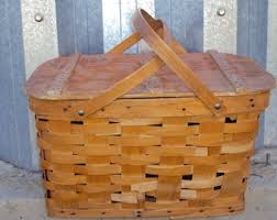 Mid Century Woven Wood Top Handle Picnic Basket 18" X 13" X ...