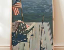Patriotic Lake House Print: Adirondack Chair, Fishing Pole ...