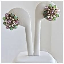 Vintage Pink and Green Glass, Faux Seed Pearls Screw Back Earrings. For Sale at Ruby Lane