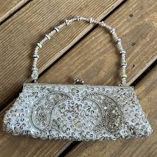 Evening Bag Silver Ivory Sequin And Beaded Paisley Kiss Lock Formal Bridal Prom | eBay