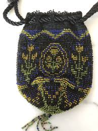 Antique Beaded Bag with a Pattern of Blue, Green,Yellow & Black Beads & Lined | eBay
