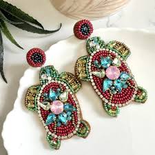 Beaded Turtle Earrings Beachy Ocean Statement Rhinestone ...