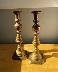 19th Century English Brass Candlestick Pair, 9.5", Beehive ...