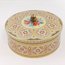 Vintage Embossed Round Biscuit Tin w/Knob Beaded Rose ...
