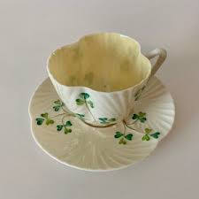 Belleek Pottery Harp Shamrock Teacup and Saucer Hand Painted Parian China 3rd Mark Black Made in Ireland 1940's - Etsy