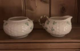 Set Belleek Ireland CAULDRON SHAMROCK SUGAR BOWL AND CREAMER ...