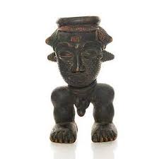 African Carved Wood Bowl, Dual Handles In Head Shapes, Heavy Hardwood, Original