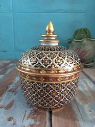 Hand thai Painted Gold Tone Pottery BENJARONG Porcelain cup with Lid Trim 103 | eBay