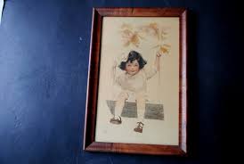 1910 Vintage , Original Children's Lithograph , Sepia Watercolor Art Print " Swinging Little Girl" by Bessie Pease Gunmann. - Etsy