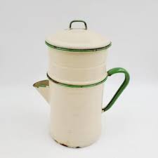 LARGE VINTAGE WHITE & RED ENAMEL COFFEE POT | EstateSales.org