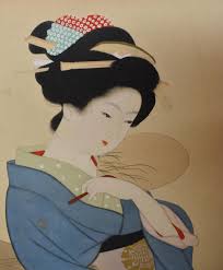 Vintage Japanese Art Watercolor of Woman in Blue With Fan ...