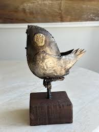 Mid-Century Brutalist Bird Metal Sculpture on Wood Block ...