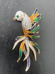 Vintage Exotic Bird Brooch Enamel Rhinestone Pin 3 1/2 “ | eBay