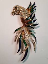BIRD Brooch, HUGE, Goldtone Metal, Enamelled, Shiny ...
