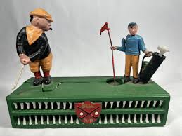 Vintage Cast Iron Birdie Putt Gold Gold Coin Bank Mechanical ...