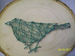 Vintage Original Nail art of bird green string on pine wood ...