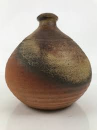 Japanese Ceramic Flower Vase Vtg Bizen ware Brown Beige Gray Round Kab | Online Shop | Authentic Japan Antiques