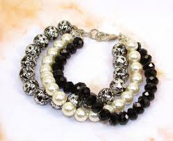 Three row bead bracelet with white pearls, black glass beads, silver black beads | eBay