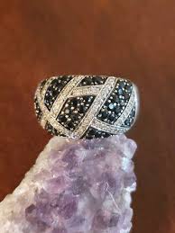 Sterling Silver BLACK SPINEL & DIAMOND Domed Wide Band Ring ...