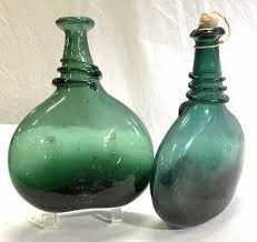 Vintage Pair Hand Blown Green Glass Sangria Bottle